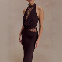 Vestido Comprido de Renda com Gola Alta