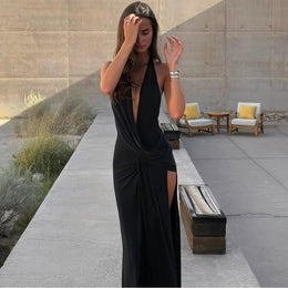 Vestido Comprido com Decote em V e Franzidos
