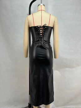 Vestido Comprido Vermelho com Efeito Couro e Corpete