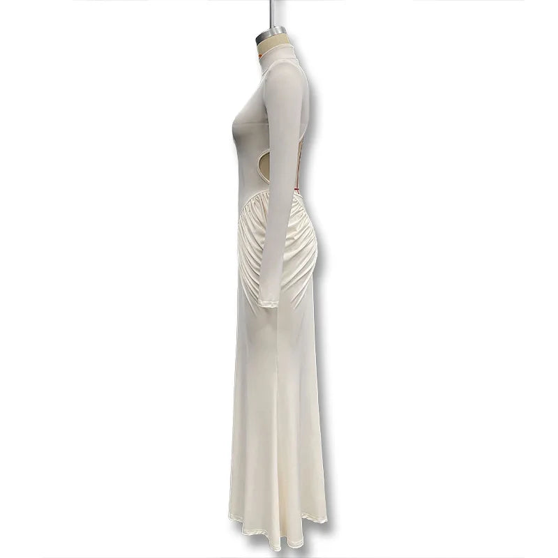 Vestido Comprido de Malha com Gola Alta e Costas Descobertas