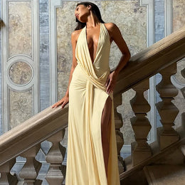 Vestido Comprido com Decote em V e Franzidos