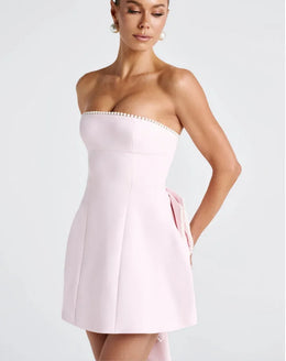 Vestido Curto com Laço e Pérolas — Rosa