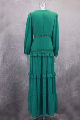 Vestido Comprido com Folhos e Manga Comprida