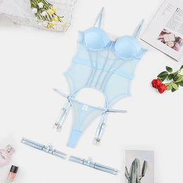 Conjunto de Lingerie em Tule com Body e Ligas — 3 Peças