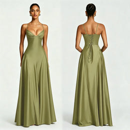 Vestido Comprido de Cetim com Corpete e Costas Descobertas