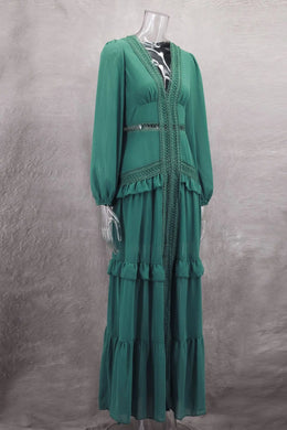 Vestido Comprido com Folhos e Manga Comprida