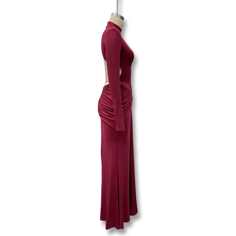 Vestido Comprido de Malha com Gola Alta e Costas Descobertas
