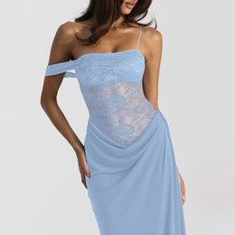 Vestido Comprido de Um Ombro com Renda