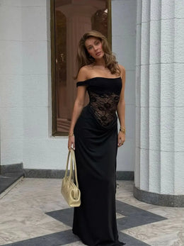 Vestido Comprido de Um Ombro com Renda