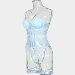 Conjunto de Lingerie em Tule com Body e Ligas — 3 Peças