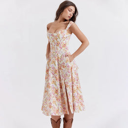 Vestido Midi Floral com Corpete e Bolsos