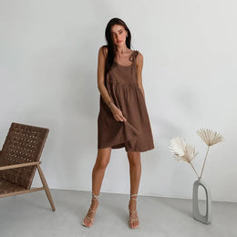Vestido Curto em Linho com Atacadores
