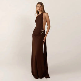 Vestido Comprido de Um Ombro com Costas Descobertas