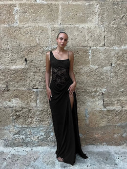 Vestido Comprido de Um Ombro com Renda