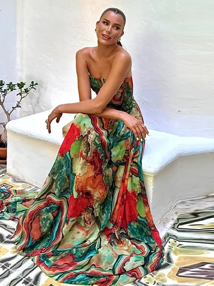 Vestido Comprido Plissado sem Alças