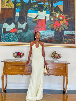 Vestido Comprido Amarelo com Folhos