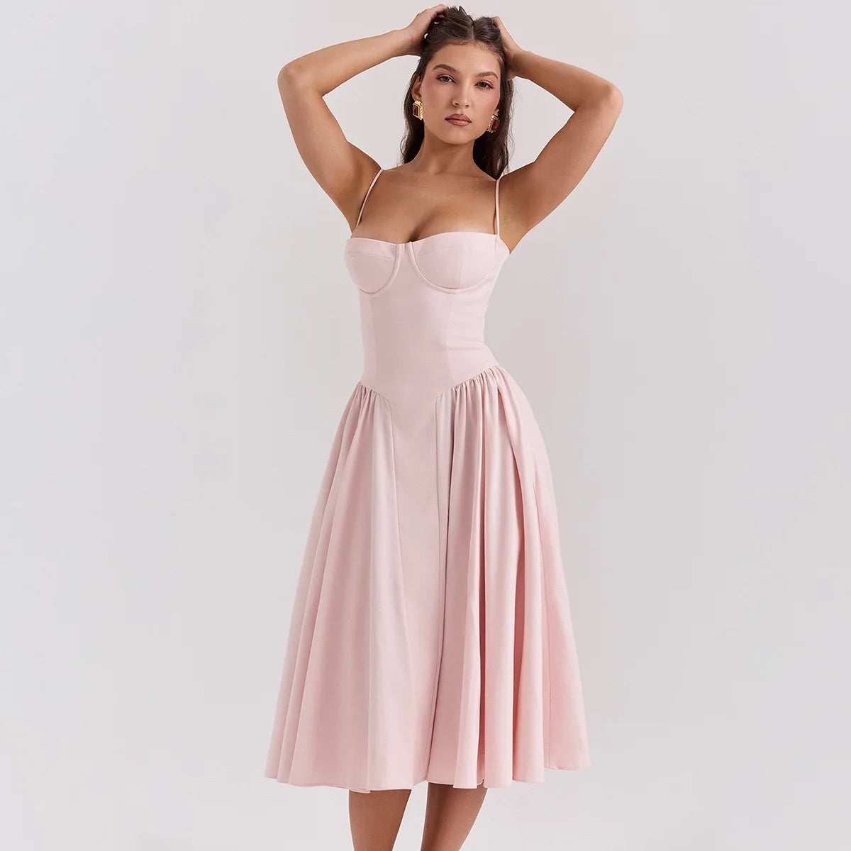 Vestido Midi Floral com Corpete — Rosa