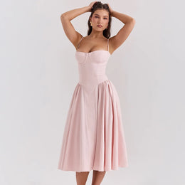 Vestido Midi Floral com Corpete — Rosa
