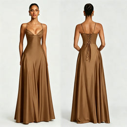 Vestido Comprido de Cetim com Corpete e Costas Descobertas