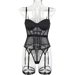 Conjunto de Lingerie em Tule com Body e Ligas — 3 Peças