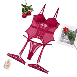 Conjunto de Lingerie em Tule com Body e Ligas — 3 Peças
