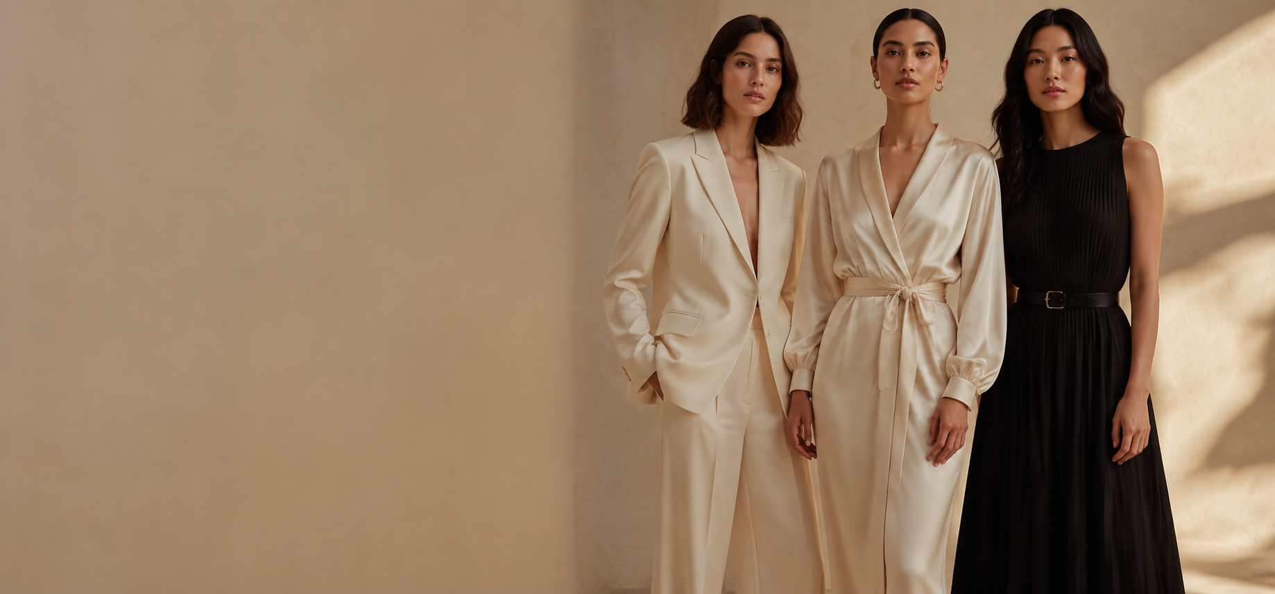 Três mulheres com looks em creme, cetim e preto